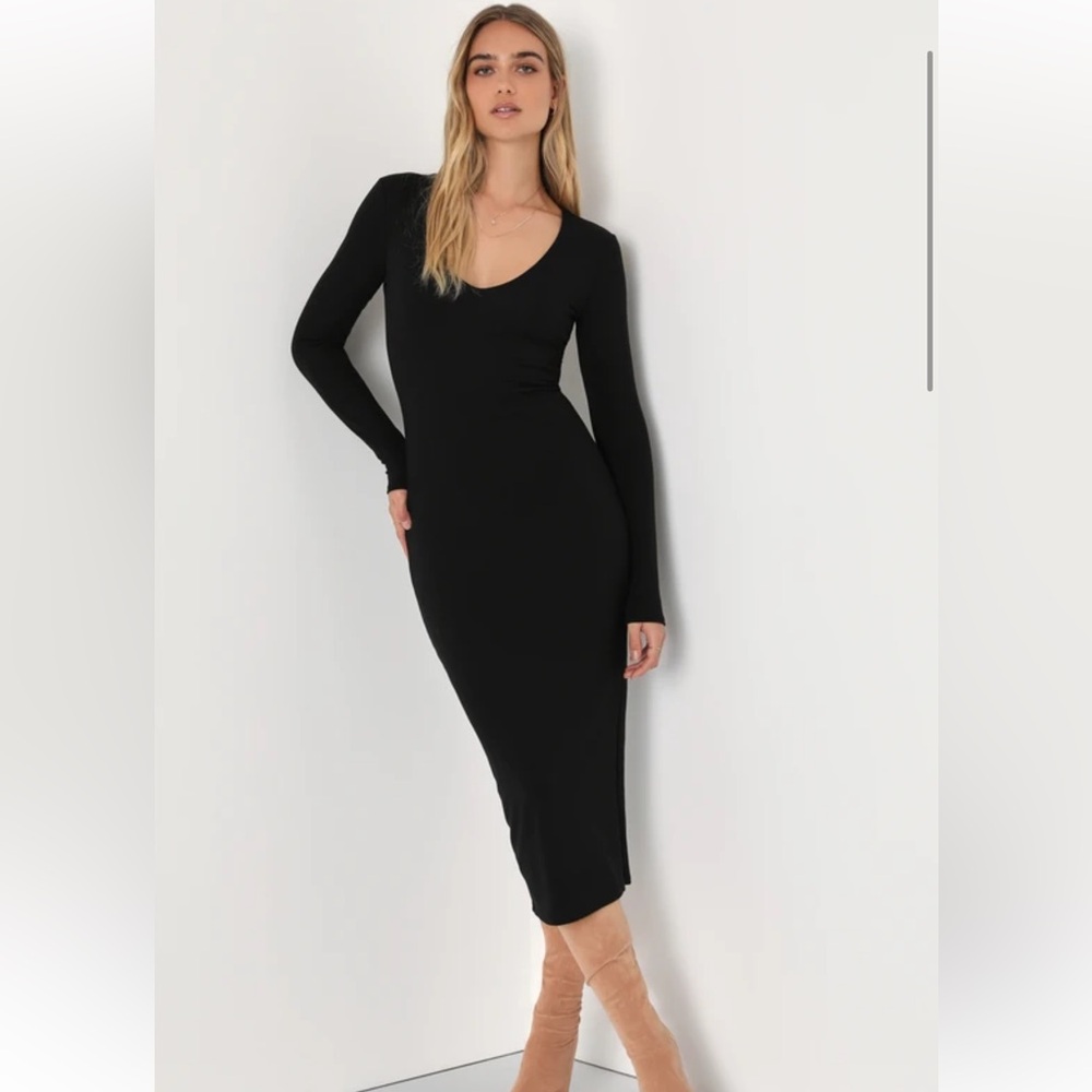 Lulus comfortable aesthetic black jersey knit long sleeve midi dress XS